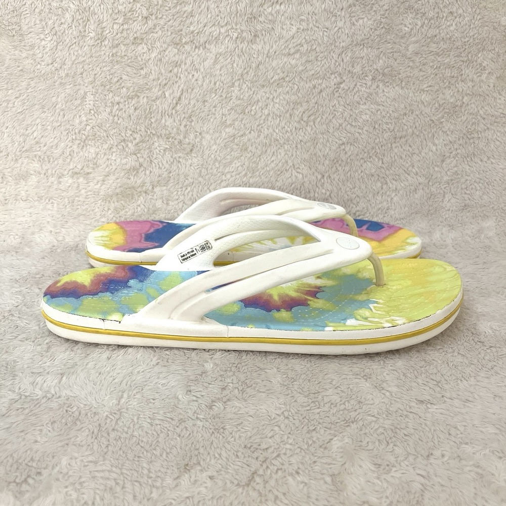 Crocs Tie Dye Flip Flops Womens‎ Size 11 Yellow Blue Pink Crocband Comfort Beach